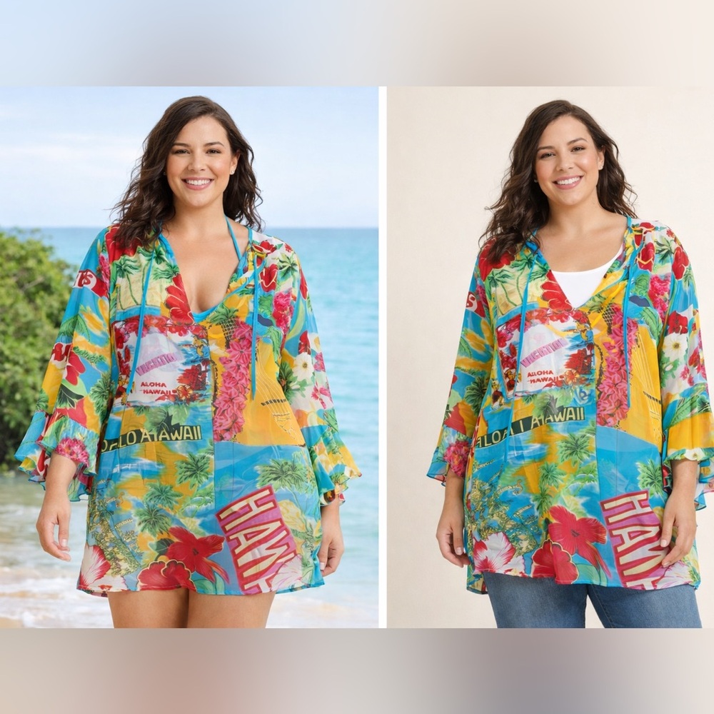Peppermint Bay 1X Sheer Tropical Hawaii Print Tunic Blouse Ruffle Sleeve Plus